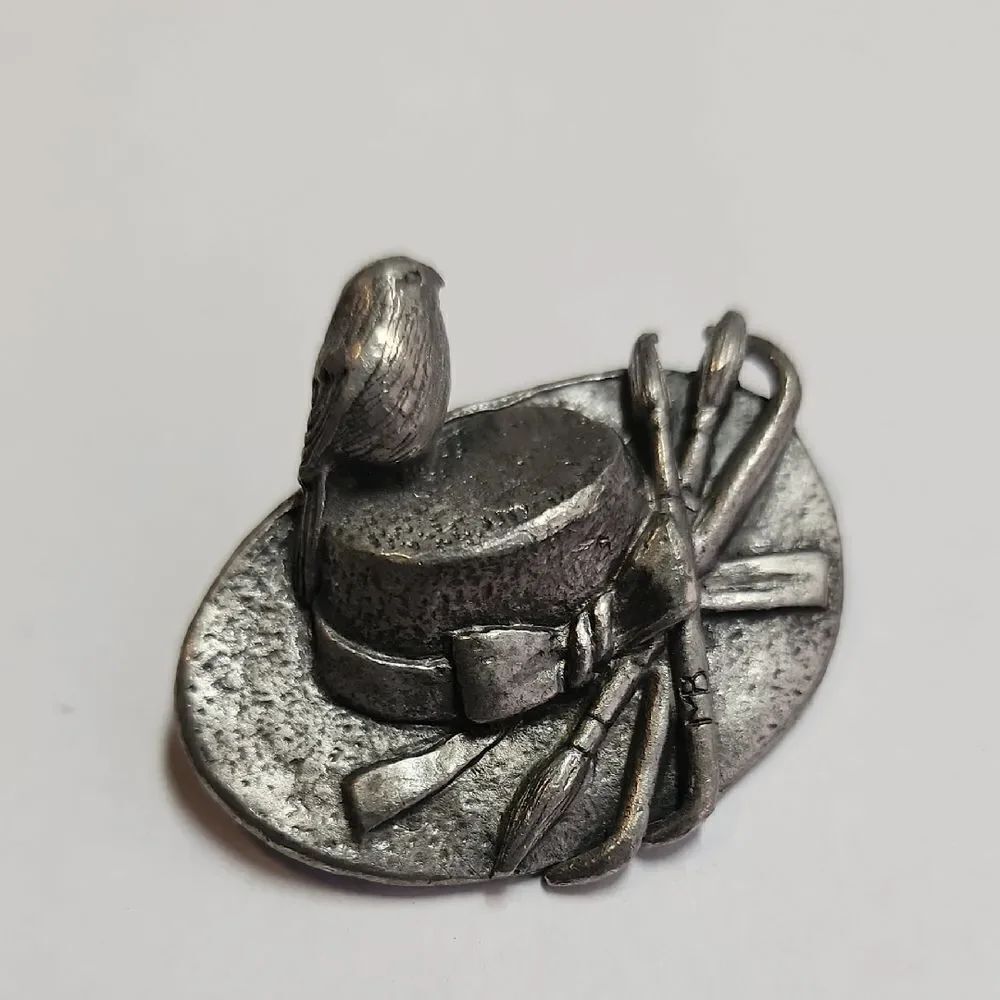 Marjolein Bastin Brooch Pewter Hat, Bird & Paint Brushes Vintage Pin